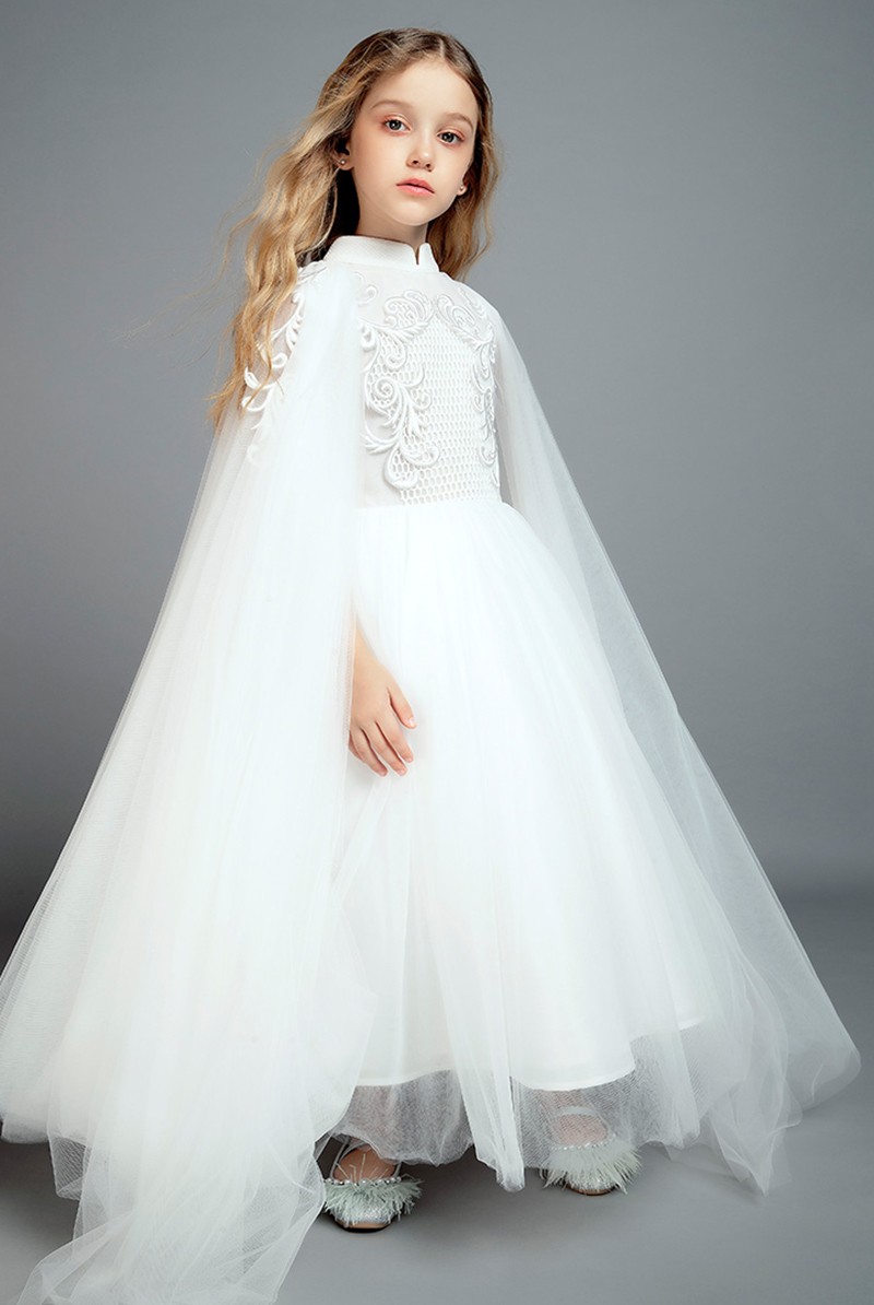 2019 New White Flower Girl Dresses With Wraps High Collar Girls Pageant Gowns Little Kids Formal Birthday Wedding Dress
