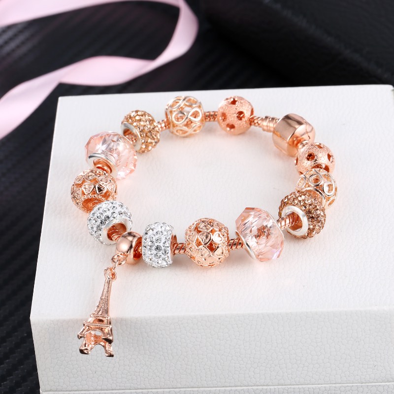 Rose Gold Crystal Glass Perforated Bead Tower Bracelets Fashion Brand Charm Bracelet Women Jewelry Wholesale