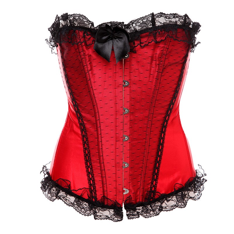 Lace Ruffle Trim Overbust Corset Top Women Fashion Satin Plastic Boned Corselet Plus Size S-6XL Sexy Lace-up Corset with Bows / Dots
