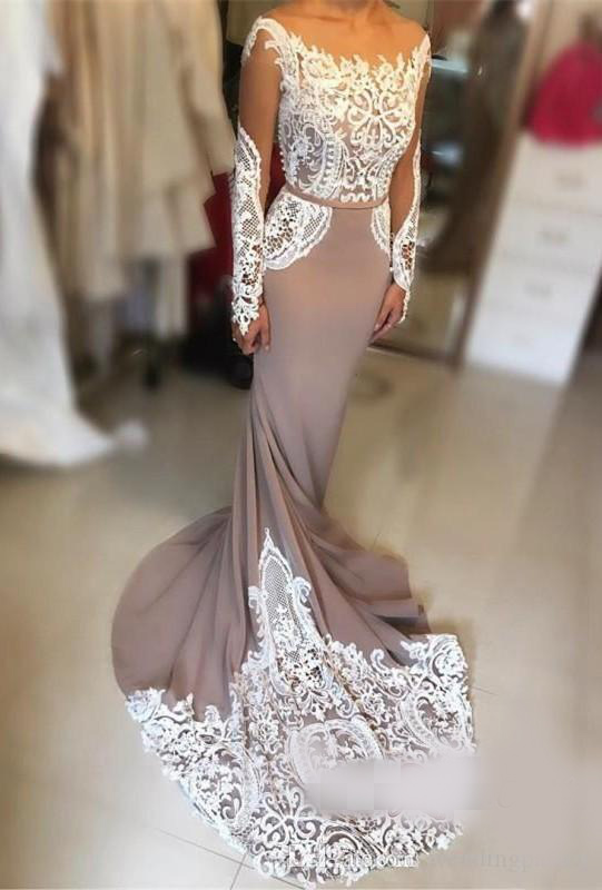 2020 Latest Long Sleeve Mermaid Prom Dresses Lace Beaded Formal Prom Gowns Robe De Bal Button Back Party Dresses Formal Evening Dresses