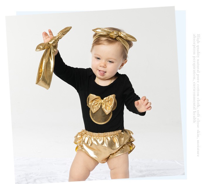 4Pcs Set For Baby Golden Clothing Sets Rompers+PP Shorts+Headband+Shoes Newborn Suit Infant Clothes Toddler Outfits S-M-L-XL 0-2Years