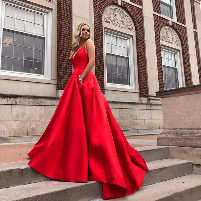 Elegant Satin 2019 Prom Dresses With Pocket Red Diamond V-Neck Sleeveless Party Gowns Backless Cheap Formal Gowns Vestido De Festa
