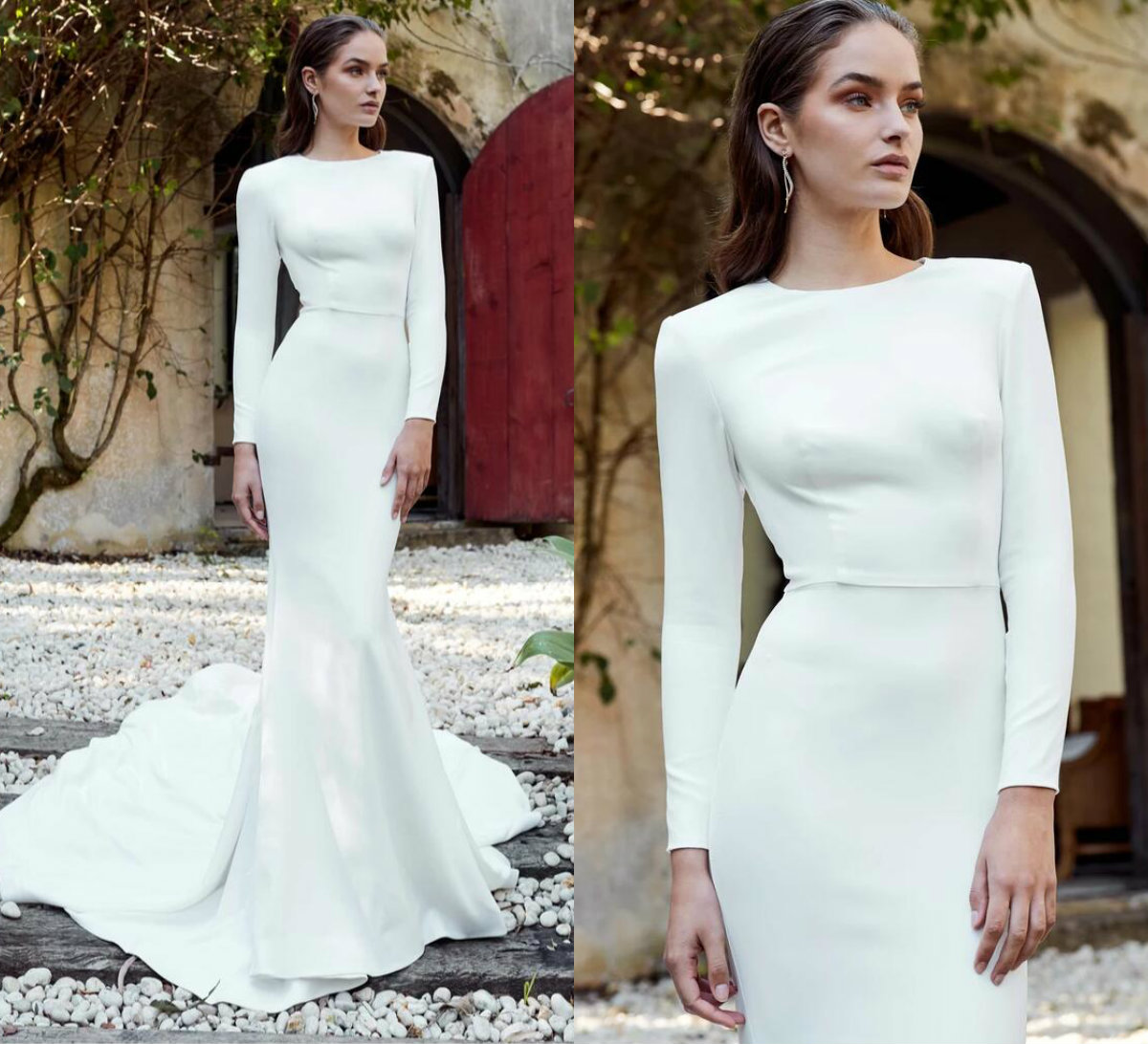2019 Simple Country Wedding Dresses Jewel Neck Sweep Train Satin Long Sleeve Mermaid Wedding Dress Custom Made Berta Bridal Gowns