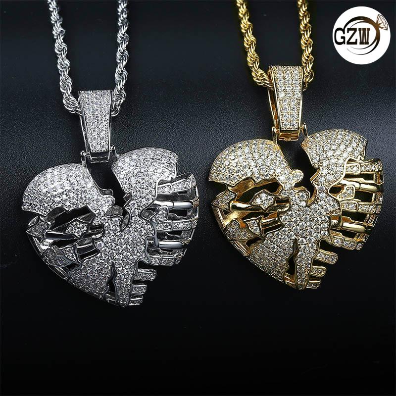 personalized Real 18K Gold Bling Diamond Broken Hollow Heart Mens Pendant Necklace Iced Out Cubic Zirconia Lovers Hip Hop Jewelry for Men
