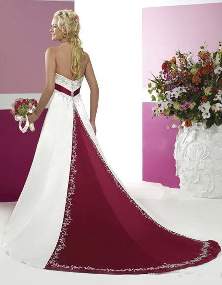 White And Red Bridal Gowns With Beaded Embroidery Empire Strapless Cathedral A Line Wedding Dresses 0521