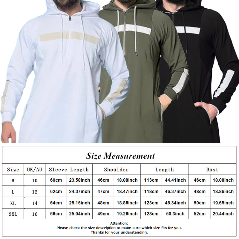 2020 New Men Gown Muslim Arabian Robe Solid Color Full Length Sweatshirt Long-sleeved Hooded Islamic Male Casual Clothing
