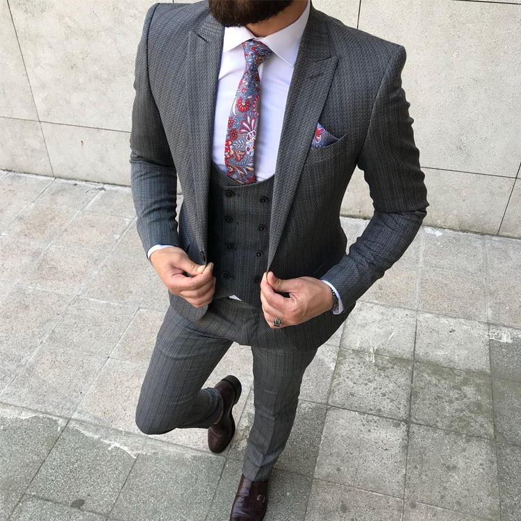 Fashion Herringbone Groom Wedding Tuxedos Slim Fit 3 Pieces Notched Lapel Mens Pants Suits High Quality Designer Jackets