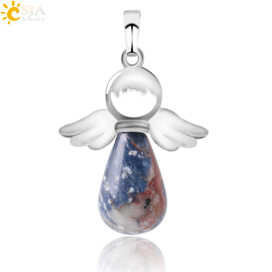 Natural Stones Angels Wings Pendant for Necklace Pink Quartz Onyx Pendants Silver-color Water Drop Female Jewelry Gift