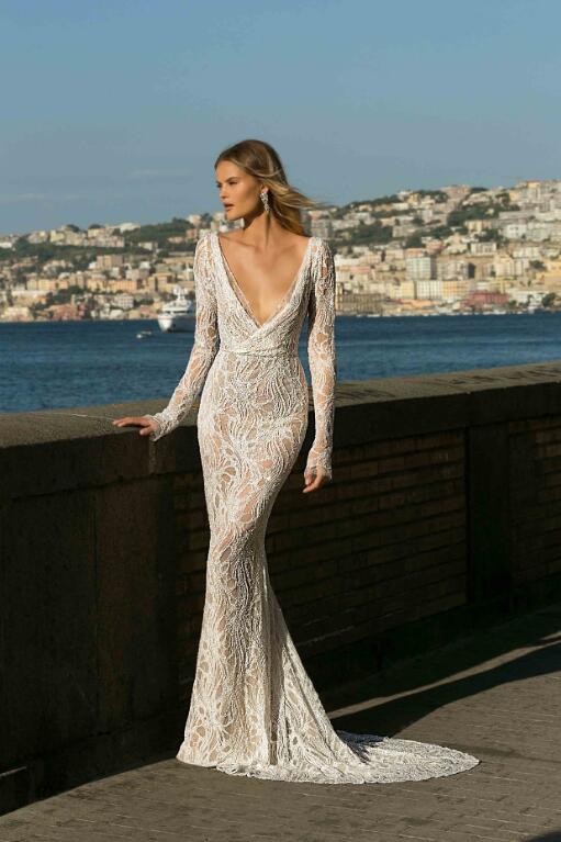 2020 Berta Mermaid Wedding Dresses Deep V Neck Lace Appliques Vestidos De Novia Backless Custom Made Long Sleeve Country Wedding Dress
