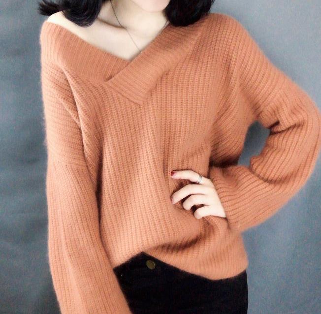 2018 Korean Style Female Soft Knitted Pullover Autumn Winter Thick Women Sweater Gray Burgundy Loose Crew Neck Jumper Sweaters S118