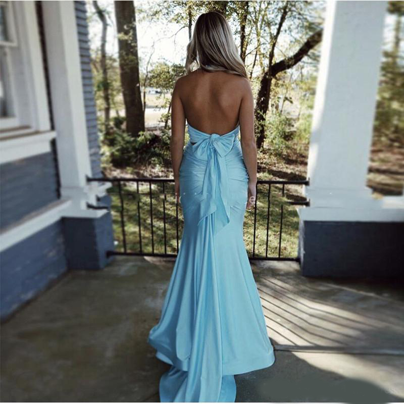 Simple Halter Mermaid Evening Dresses Sexy Backless V Neck Bow Knot Chiffon Sweep Train Formal Prom Party Dress For Women
