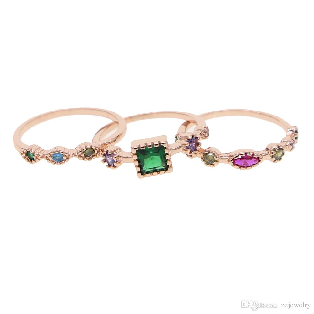2018 New fashion charm jewelry 3Pcs sets elegant colorful cz Oval Ring for women Elegant rose gold color square wedding midi Ring jwerlry