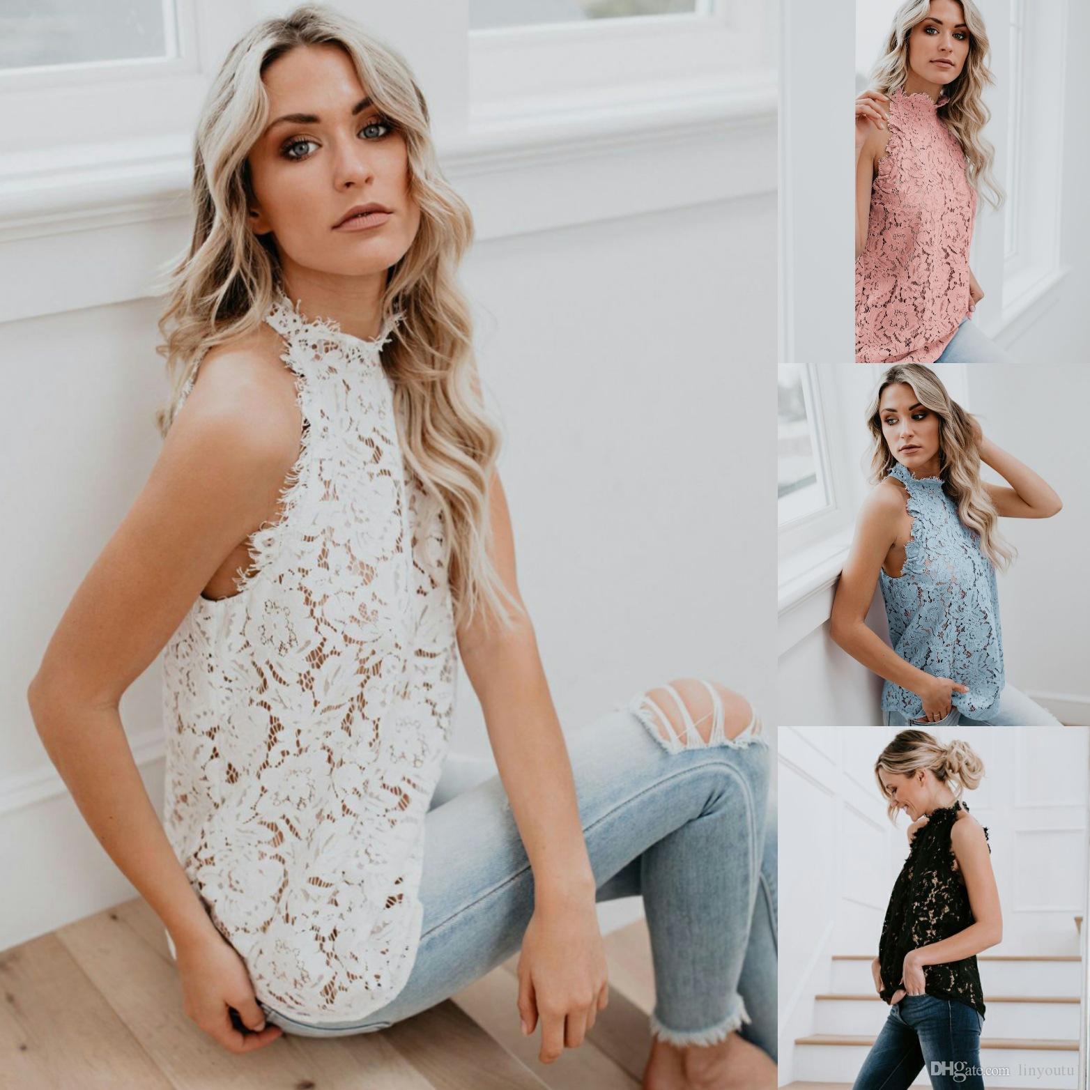 hot sale Womens Tops and Blouses Women Lace Solid Sleeveless Hollow Blouse Tops Shirt Shirts White Black Women clothes Hollow