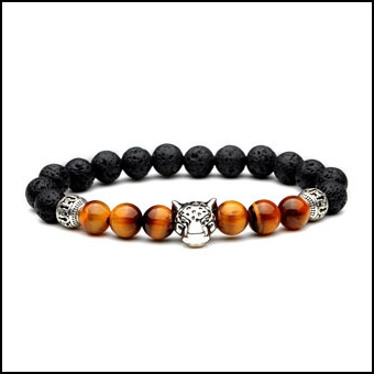 Men's Natural Black Lava Rock Beads Leopard Head Beads Charm Bracelet 8mm