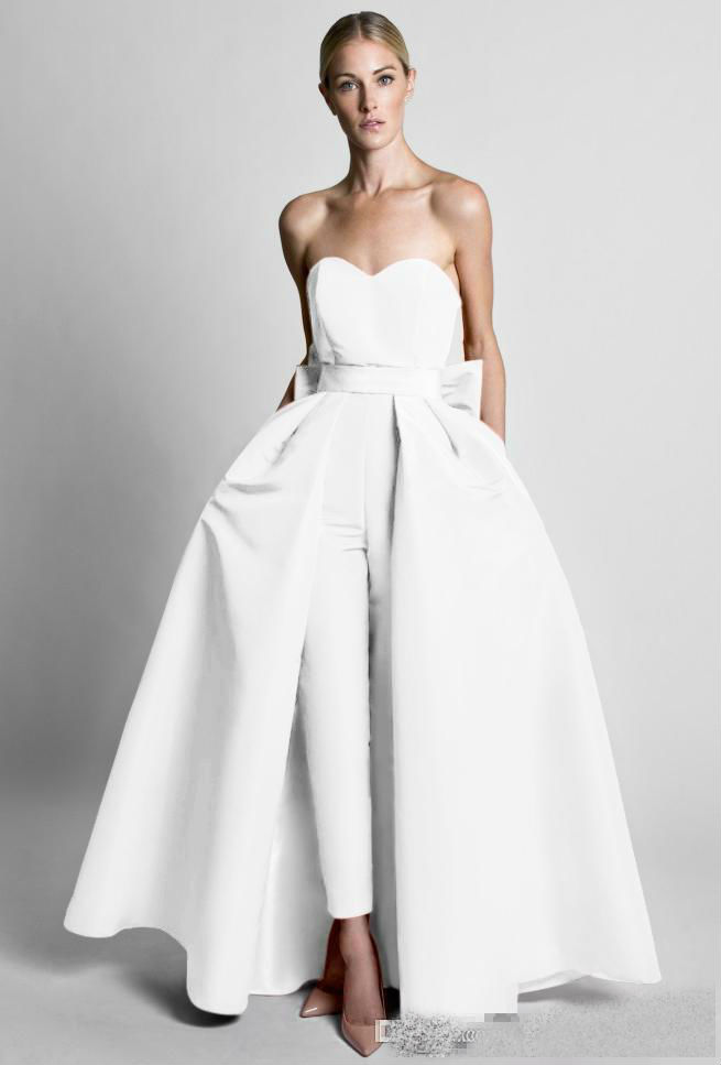Krikor Jabotian Red Women Jumpsuits 2019 Prom Dresses Sweetheart Satin Bow Sash Evening Gowns With Detachable Train Long Part Dresses