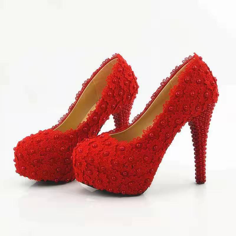 Lace Flower Wedding Shoes Pearls Pumps High Heels Bridal Shoes 14cm Bling Bling Prom Shoes for Lady