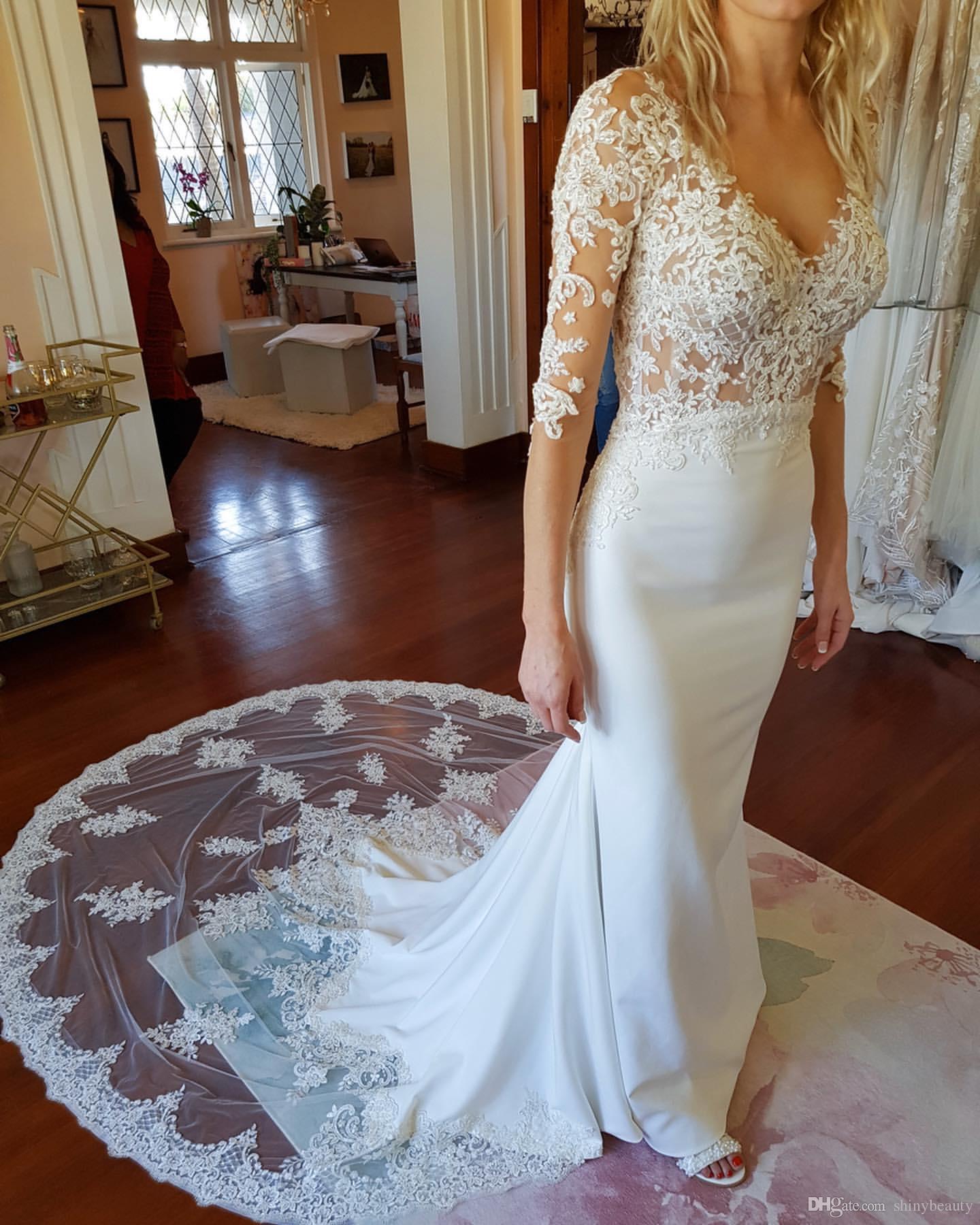 Sexy Lace Mermaid Dresses Jewel Neck Applique Long Illusion Sleeves Court Train Wedding Dress Bridal Gowns vestidos de novia Custom