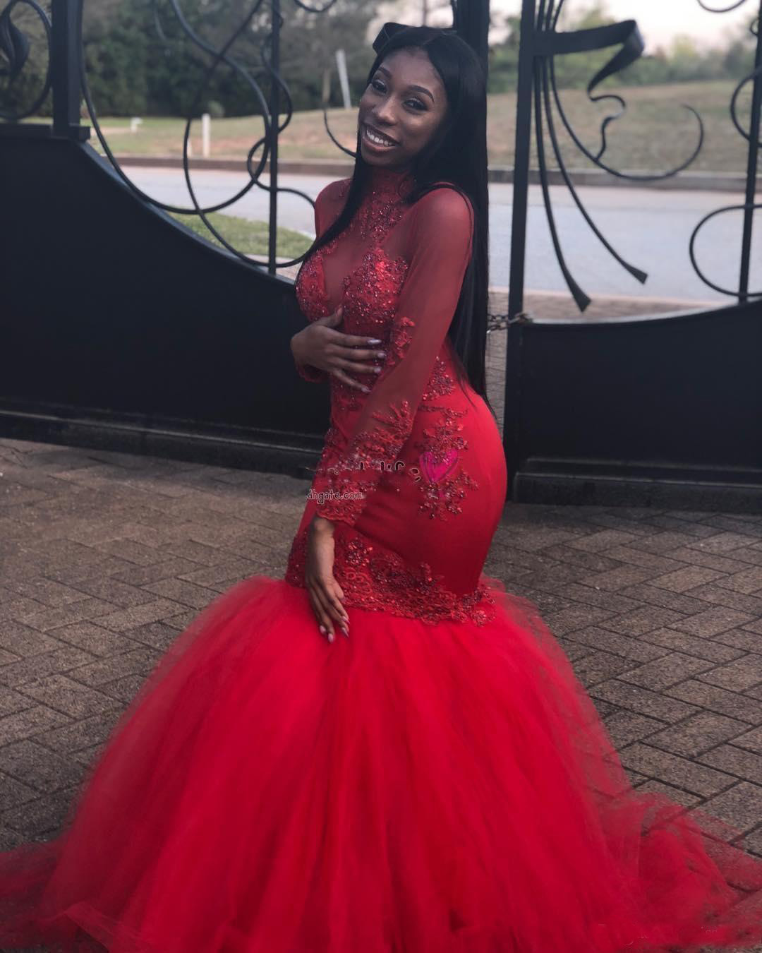 Red Mermaid Prom Dresses African Long Sleeves Beads Applique High Jewel Neck Floor Length Dresses Evening Wear