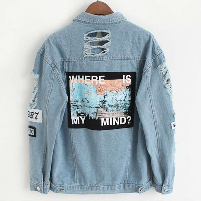 Autumn Fashion Coat Vangull 2019 Women Frayed Denim Bomber Jacket Appliques Print Where Is My Mind Lady Vintage Elegant Outwear, Blue
Autumn Fashion Coat Vangull 2019 Women Frayed Denim Bomber Jacket Appliques Print Where Is My Mind Lady Vintage Elegant Outwear, Blue