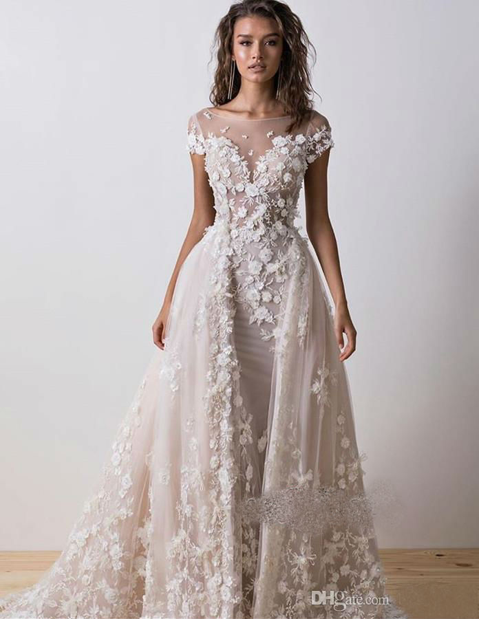 2019 Lace Mermaid Wedding Dresses With Detachable Train 3D Floral Appliques Short Sleeve Bridal Gowns Backless Beach Wedding Dress