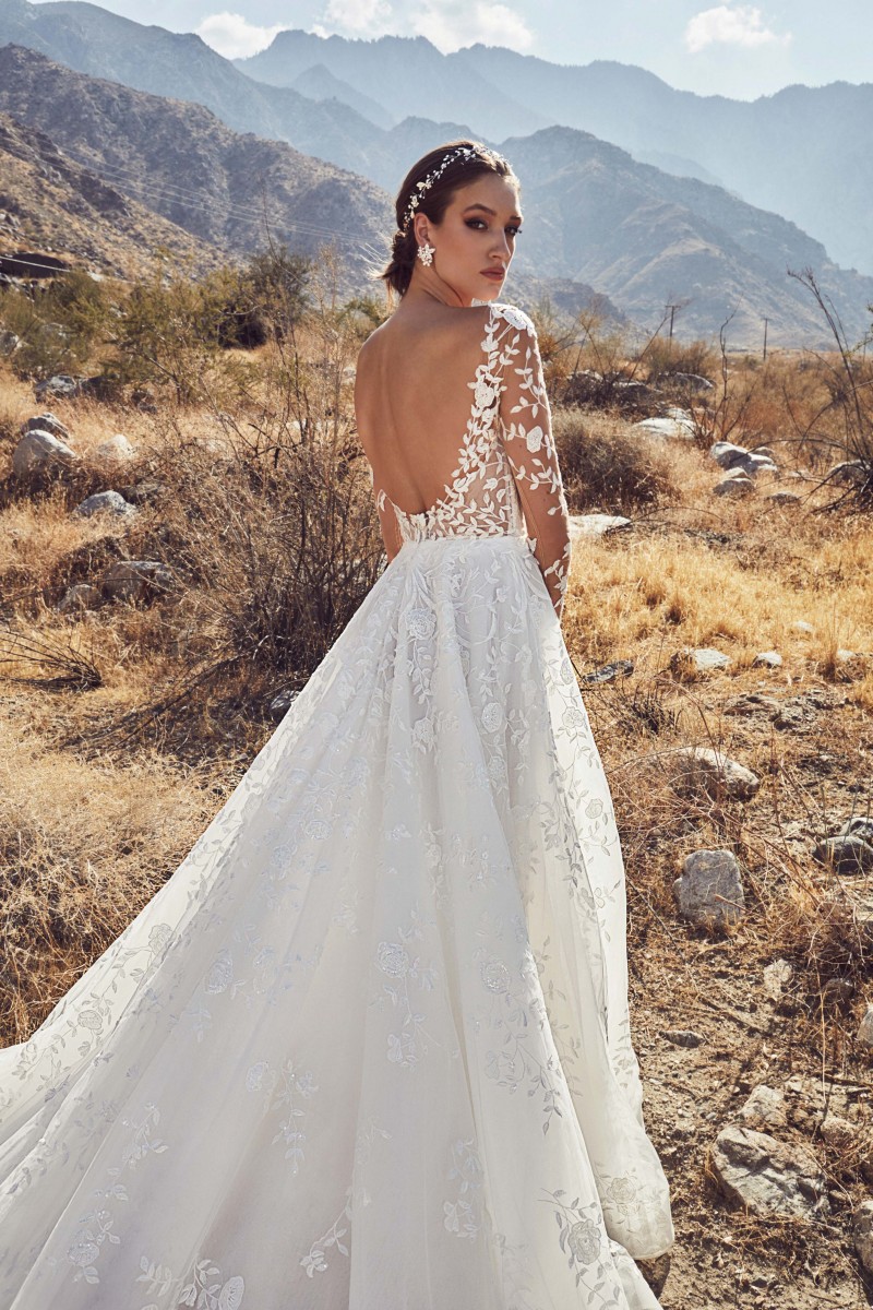 Calla Blanche 2019 Long Sleeve Wedding Dresses Lace Appliqued Sheer Neck Bridal Gowns For Beach Gardens Backless Sweep Train Wedding Dress