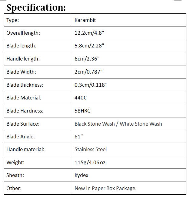 Top Quality Tactical Claw Knife 440C Black / White Stone Wash Blade Steel Handle Karambit With ABS K Sheath