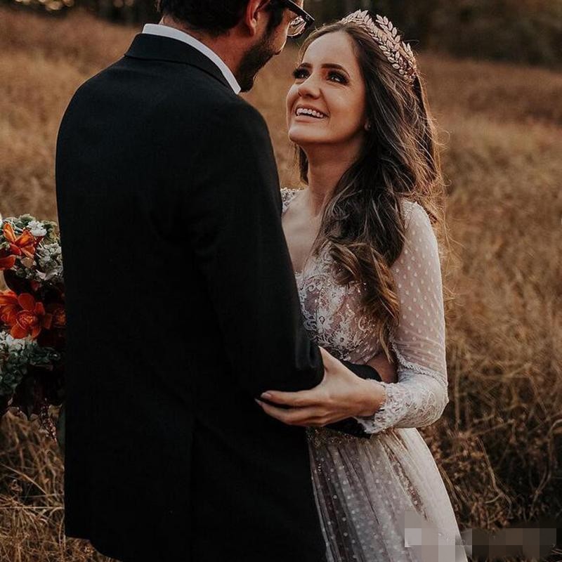 Newest Long Sleeves Dresses Chapel Train Sexy Backless Lace V Neck Custom Made Country Wedding Bridal Gowns Vestido De Novia