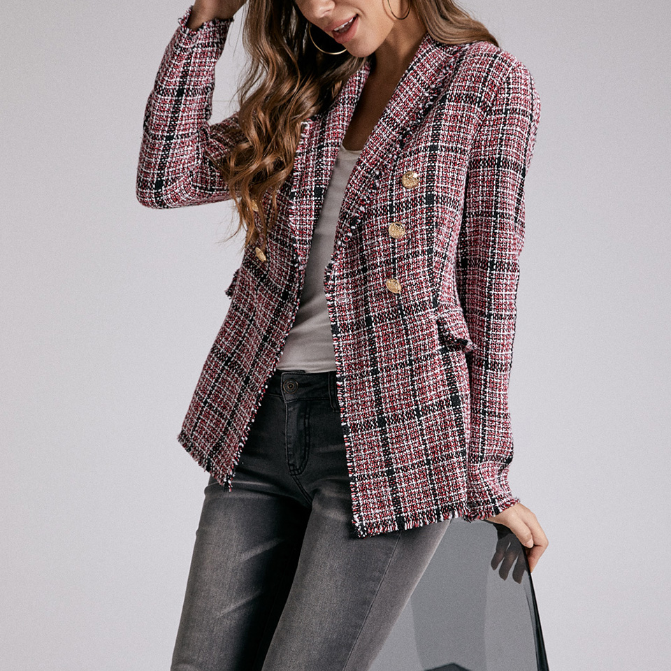 Sbetro Autumn and winter new fashion black and red plaid tatting plaid coat for women, Black and red checks
