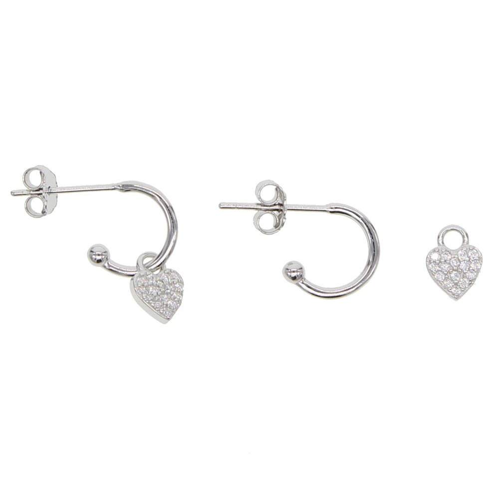 high quality fine 925 sterling silver circle hoop with micro pave cz heart charm dangle earring