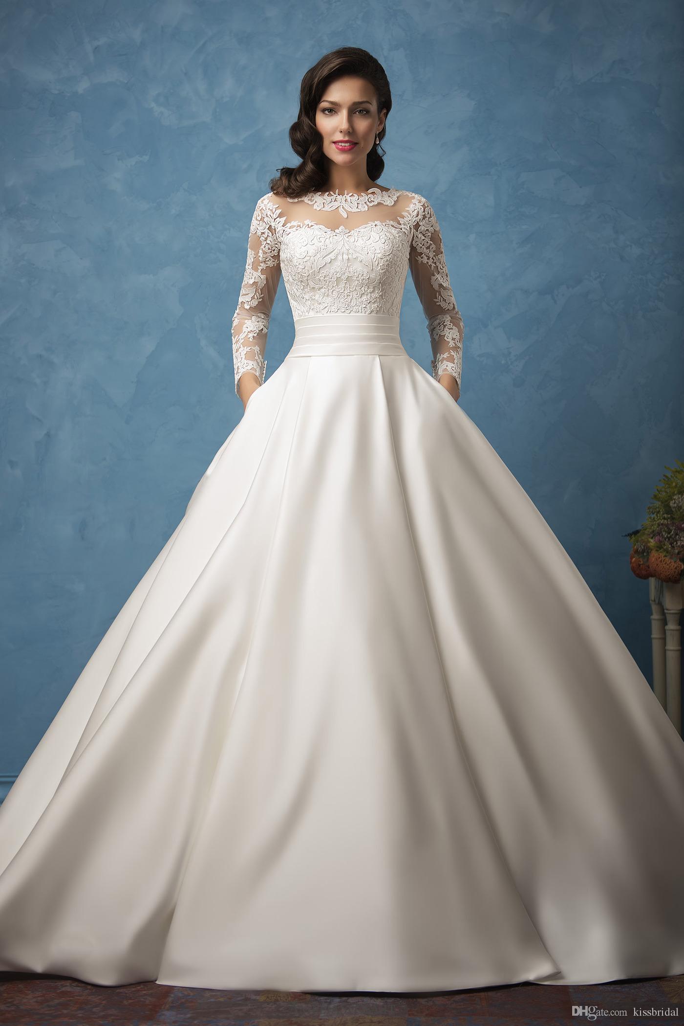 Sleeve Simple Long Ball Gown A-Line Wedding Dresses Elegant Sheer Lace Satin Bridal Gowns Vestidos Novia Formal Dress Robe De Mariee s