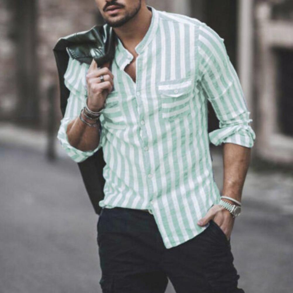 Fashion Men Striped two Pockets Stand Collar Long Sleeve Button Shirt Top Button & Stripe Design Sliming Fit two Pockets Offi, Dark blue
Fashion Men Striped two Pockets Stand Collar Long Sleeve Button Shirt Top Button & Stripe Design Sliming Fit two Pockets Offi, Dark blue