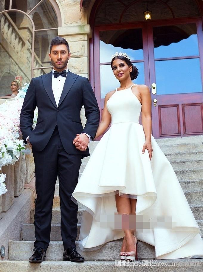Elegant Charming 2019 White Dubai Simple Prom Dresses Halter Neck Cheap Hi-Lo Simple A Line Formal Evening Party Gowns Custom
