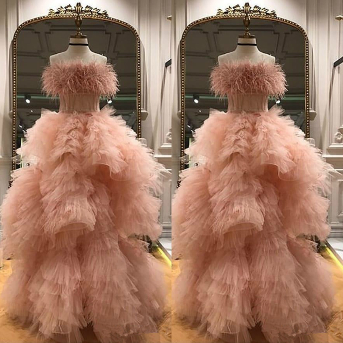 Light Pink Feather Prom Dresses Strapless Tiered Skirts Tutu Evening Dress A Line Floor Length Robes De Soirée