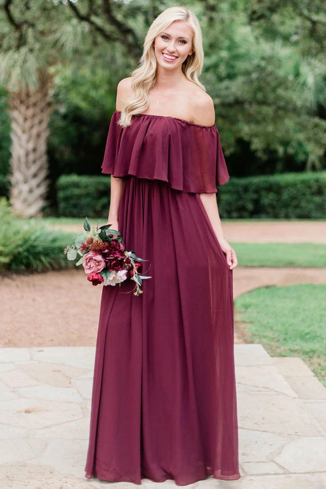 Elegant Country Burgundy Chiffon Bridesmaid Dresses Modest Off the shoulder Beach Plus Size Junior Maid of Honor Wedding Guest Gowns