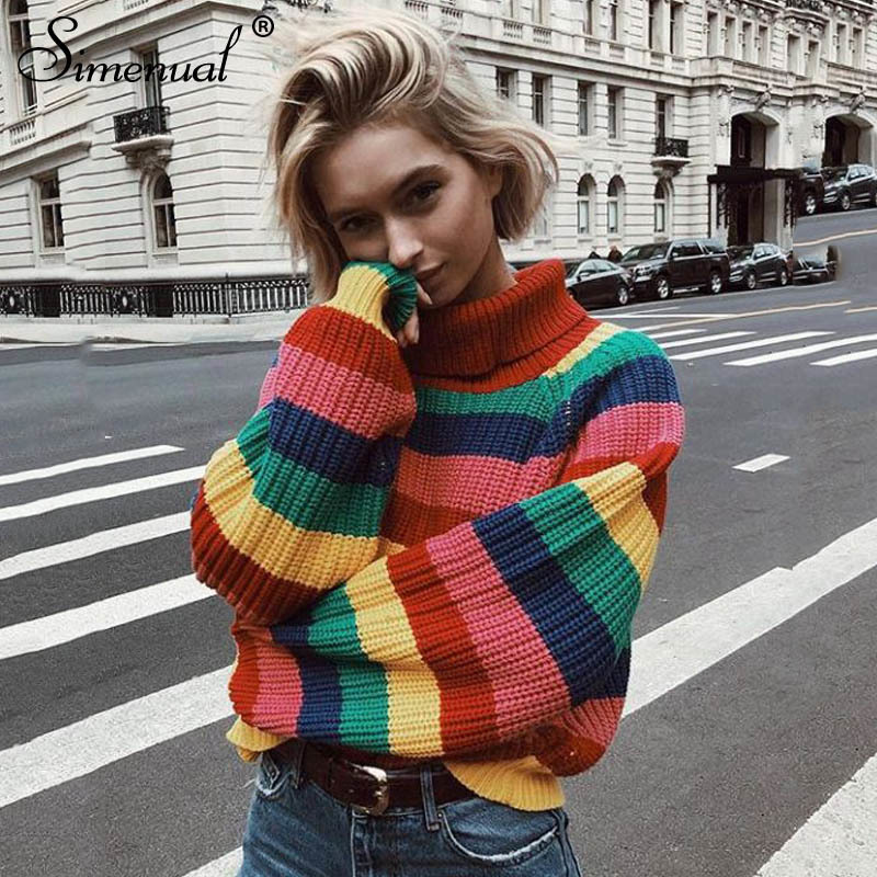 Rainbow Colorful Stripe Sweater Women Casual Sweaters Autumn Fashion Turtleneck Knitwear Loose Pullovers Jumper Pull Femme S20200106
Rainbow Colorful Stripe Sweater Women Casual Sweaters Autumn Fashion Turtleneck Knitwear Loose Pullovers Jumper Pull Femme S20200106