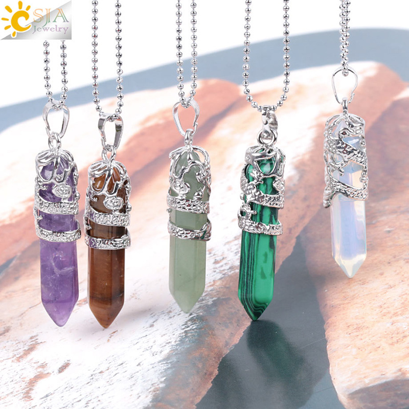 Dragon Tribe Totem Natural Stone Hexagonal Crystal Quartz Prism Ethnic Pendant Necklace Hanging Jewelry for Women Men