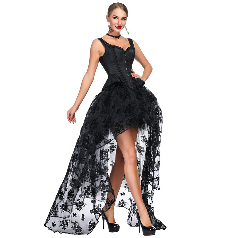 Women Vintage Corset Top with Hi-lo Mesh Skirt Outfit Halterneck Contrast Panel Side Hip Curve Overbust Padded Corset Fashion Burlesque Set