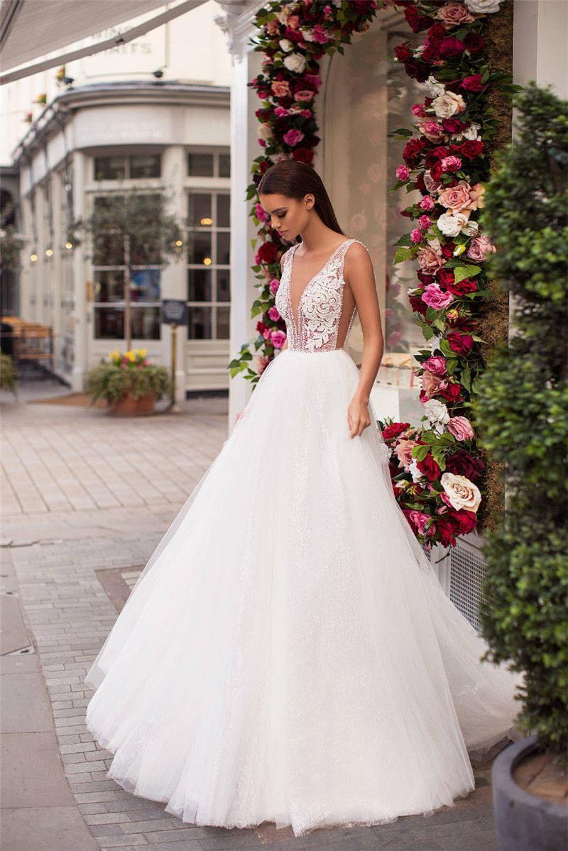 Sexy Summer Beach Wedding Dresses Sheer Deep V Neck Lace Appliques Beads A e Boho Bridal Gowns Vestido De Novia