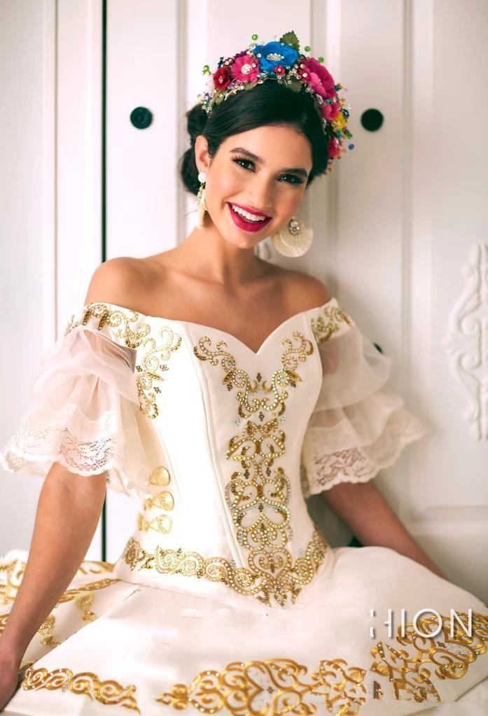 Ruffled Floral Charro Quinceanera Dresses 2020 Off Shoulder Puffy Skirt Gold Embroidery Beads Princess Sweety 16 Girls Masquerade Prom Dress