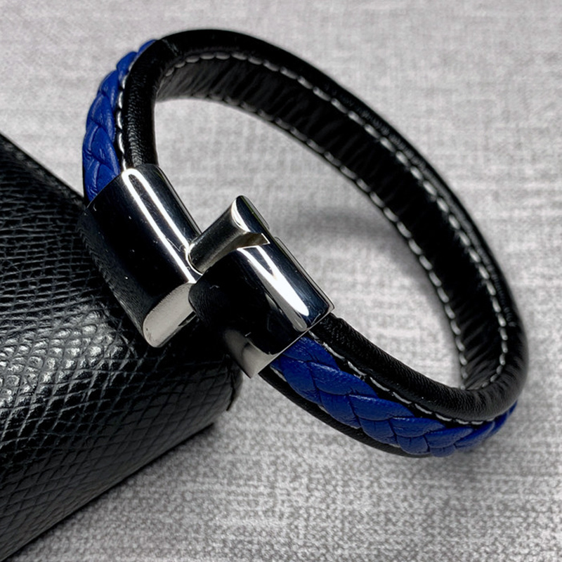 Braided Black Blue Leather Bracelet Men Fashion Stainless Steel Magnetic Buckle Male Wrist Band Charm Bracelets Bangles Gifts