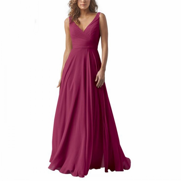 2025 Vintage A-line Floor Length Bridesmaid Dresses V-Neck Wedding Party Dress Pleat Chiffon Sleeveless