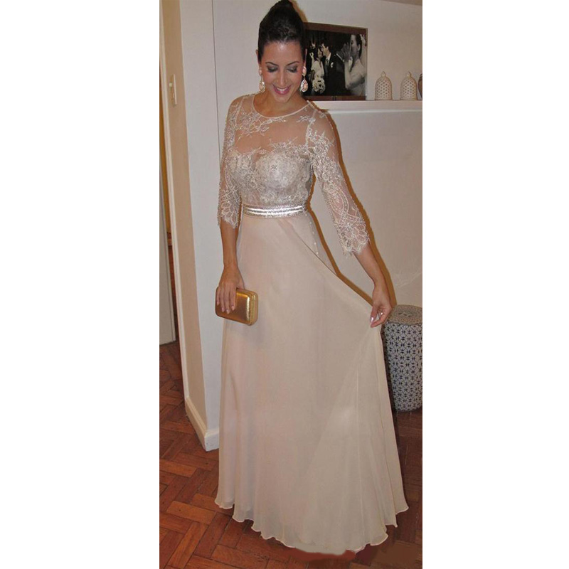 2020 Floor Length Beads Pearls Lace 3/4 Sleeves Chiffon Elegant Mother of the Bride Dresses Jewel Vintage Prom Dresses
