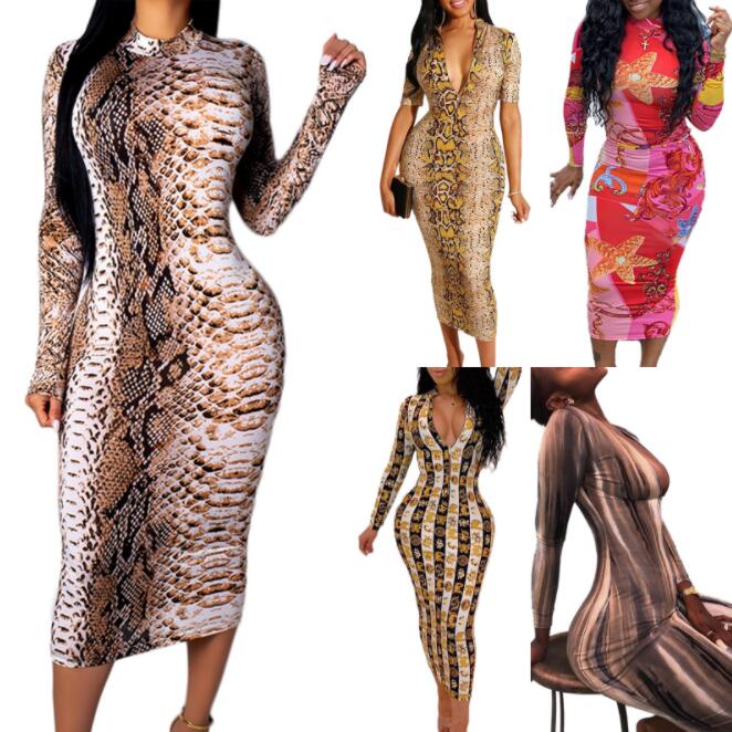 

19SS New Arrival Women Dress Designer for Summer Luxury Snakeskin Print Long Sleeve Dresses V-neck Bodycon Dress Sexy & Club Style F0006, 1pc opp bag(only send opp bag)