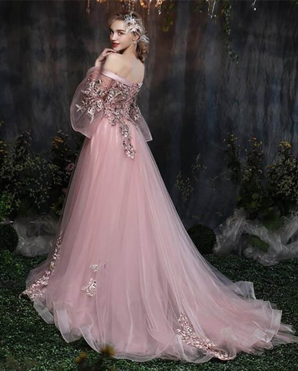 Pink Flowers Floral Illusion Print Lace Up A-line Elegant Evening Dresses Floor Length Party Gown Evening Gowns