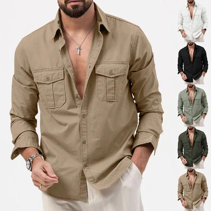 Men' s Jackets Men Vintage Multi Pocket Cargo Long Sleev