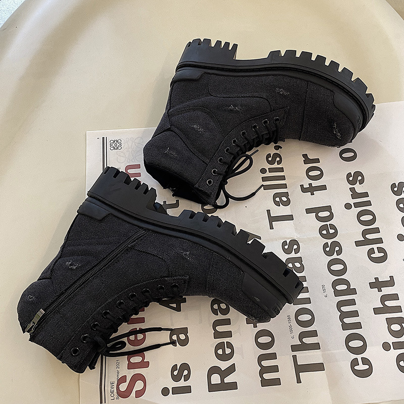 Autumn Winter Hightop Motorcycle Boots for Men Laceup Dotheold Thick Bottom Short Ankle Boots with Zipper Man Black Boots 251103 - view 3