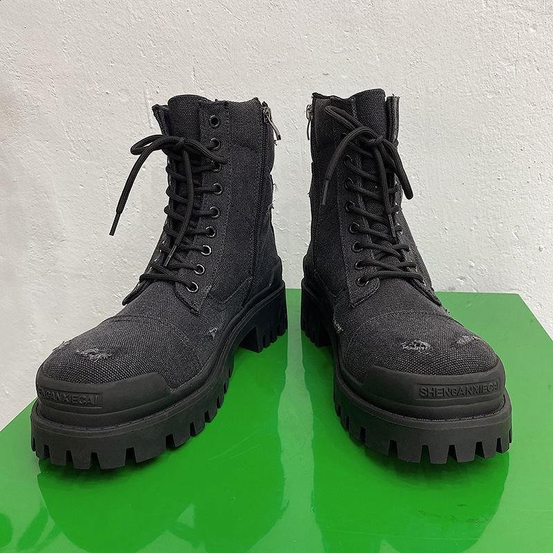 Autumn Winter Hightop Motorcycle Boots for Men Laceup Dotheold Thick Bottom Short Ankle Boots with Zipper Man Black Boots 251103 - view 4