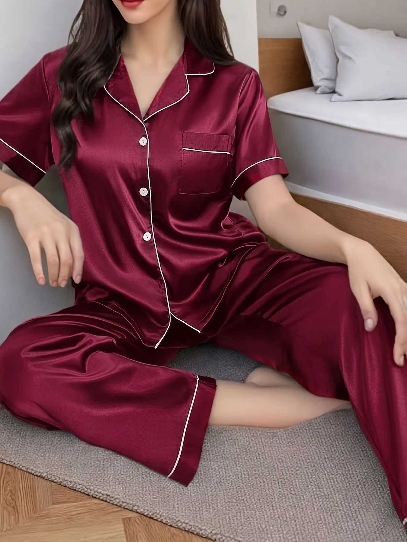 Satin Silk Pajamas Set Short Sleeve Top and Long Pants Women's Comfortable Casual Home Wear Spring Autumn SleepwearT260831