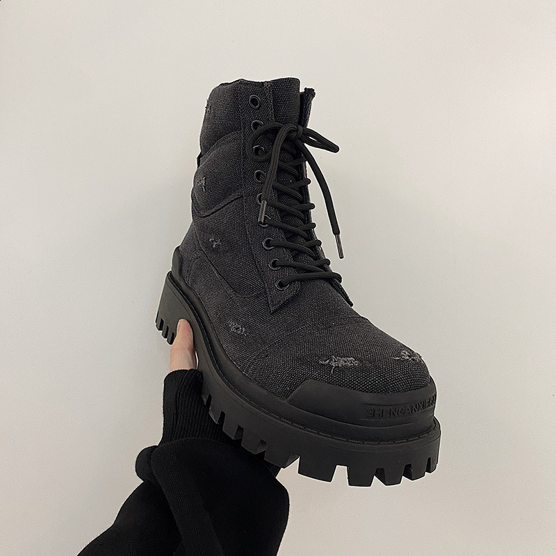 Autumn Winter Hightop Motorcycle Boots for Men Laceup Dotheold Thick Bottom Short Ankle Boots with Zipper Man Black Boots 251103 - view 5