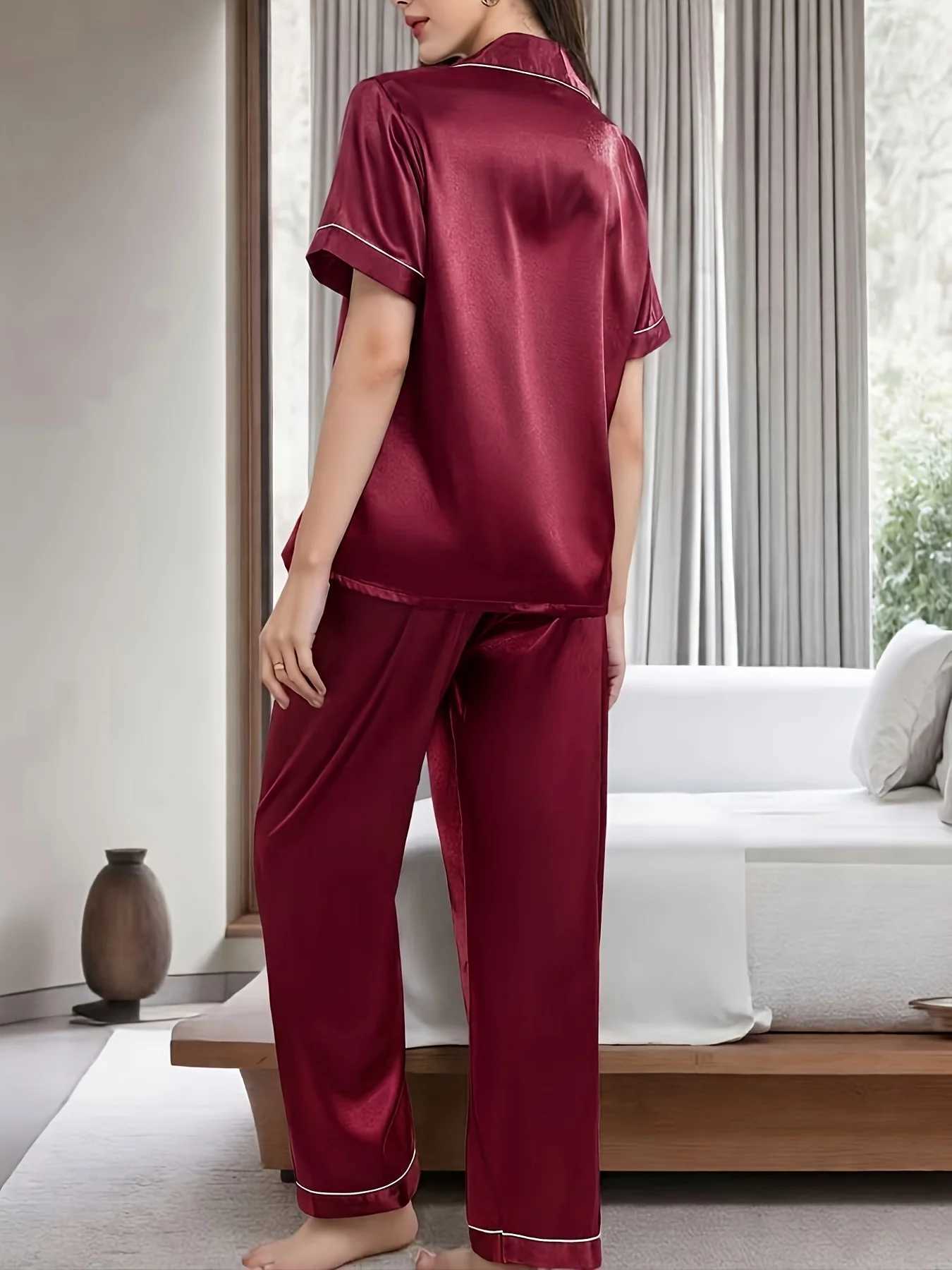 Satin Silk Pajamas Set Short Sleeve Top and Long Pants Women's Comfortable Casual Home Wear Spring Autumn SleepwearT260831 - view 4